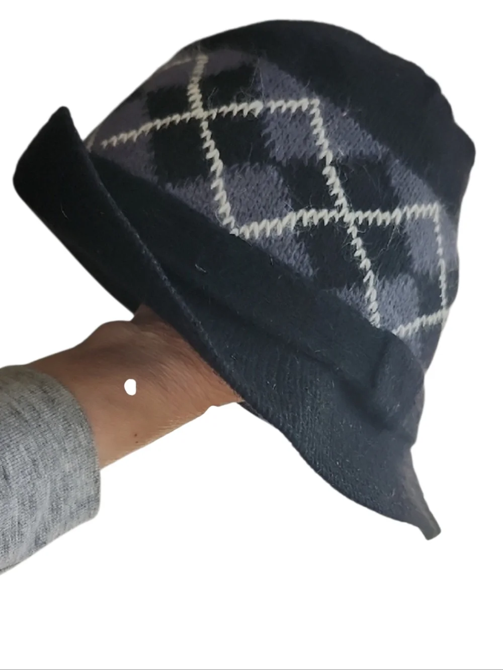 Fedora Cloche Bucket Hat Black And Grey Argyle Knit Wool/ Angora - Unbranded